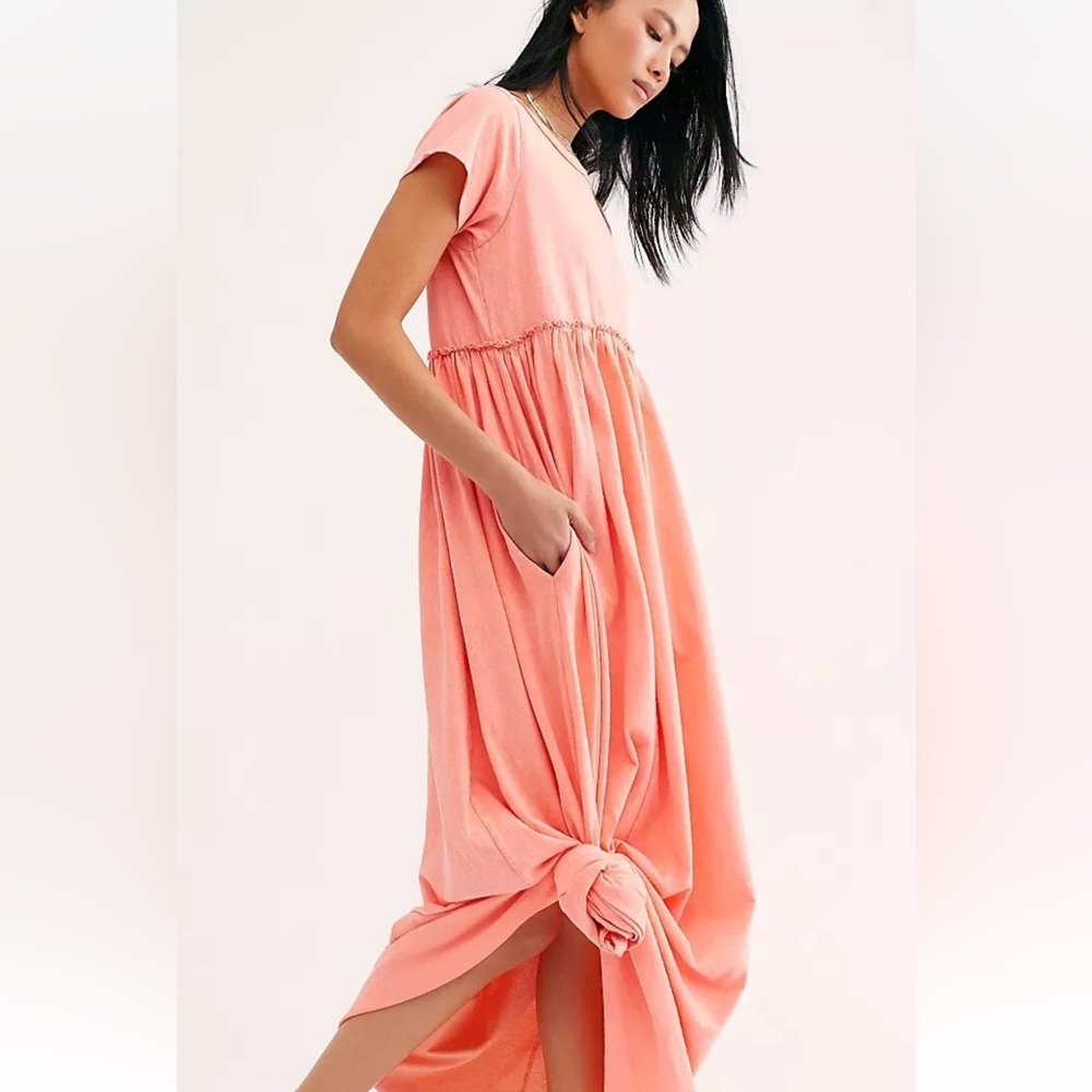 NWT FREE PEOPLE Sz S CARISSA TEE DRESS MAXI TEE SHIRT DRESS IN 🍑 PEACH - Picture 10 of 11